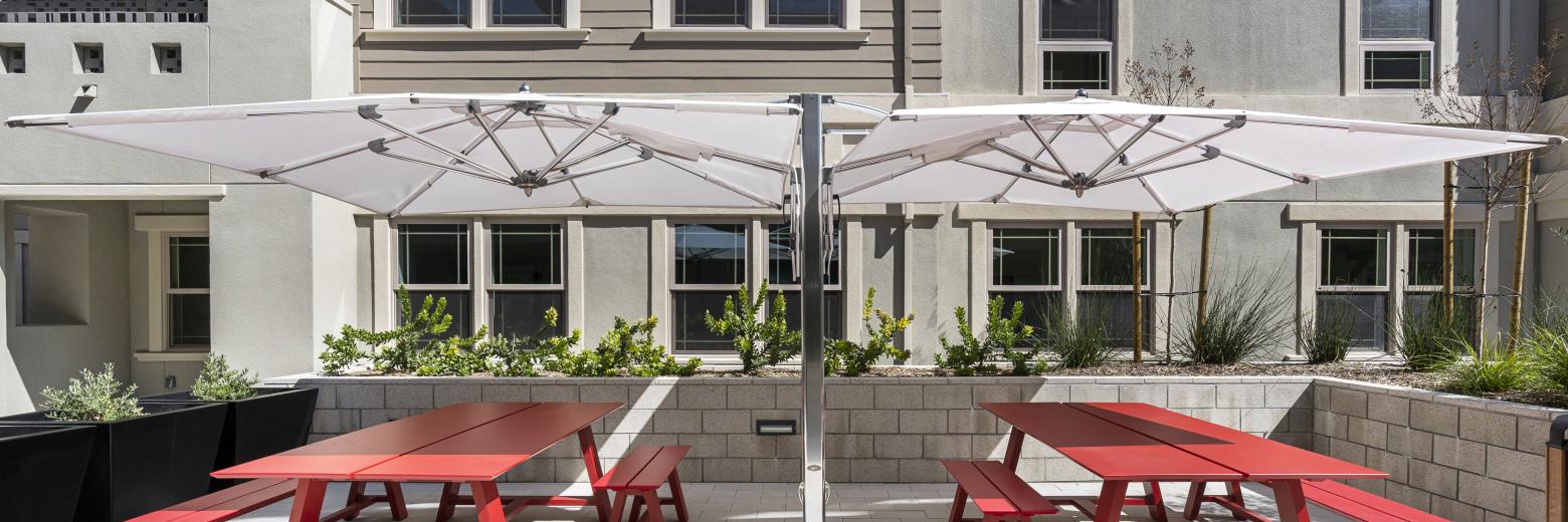 Courtyard View of Middle Plaza apartments and outdoor seating
