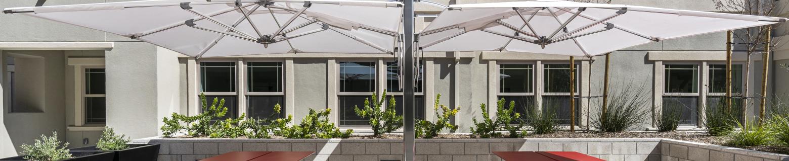 Courtyard View of Middle Plaza apartments and outdoor seating